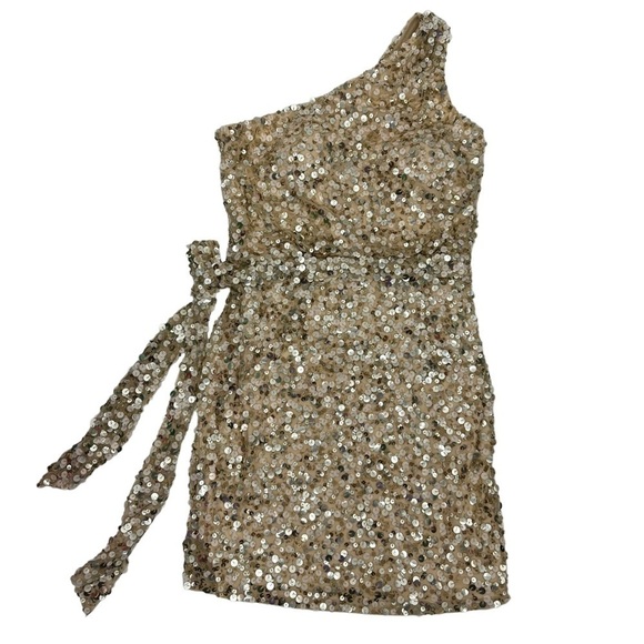 Aidan Mattox One Shoulder Cream & Gold Sequined Cocktail Party Dress Size 8 - Picture 3 of 8